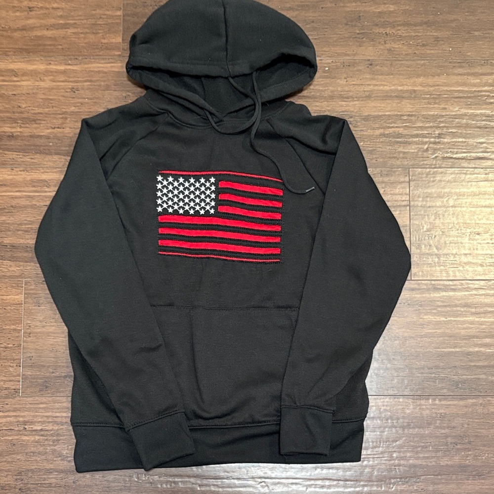 Black Kids Hoodie with Red & White Flag Graphic